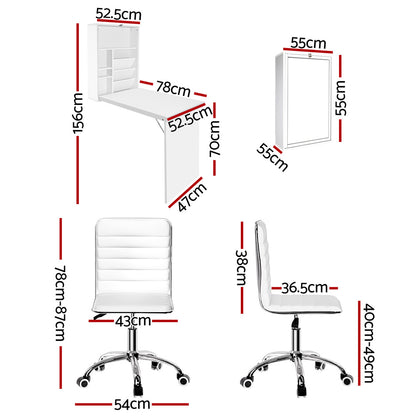 Artiss Computer Desk Office Chair Set PU Leather Wall Mount Foldable Table White DESK-WALL-REPL-WH