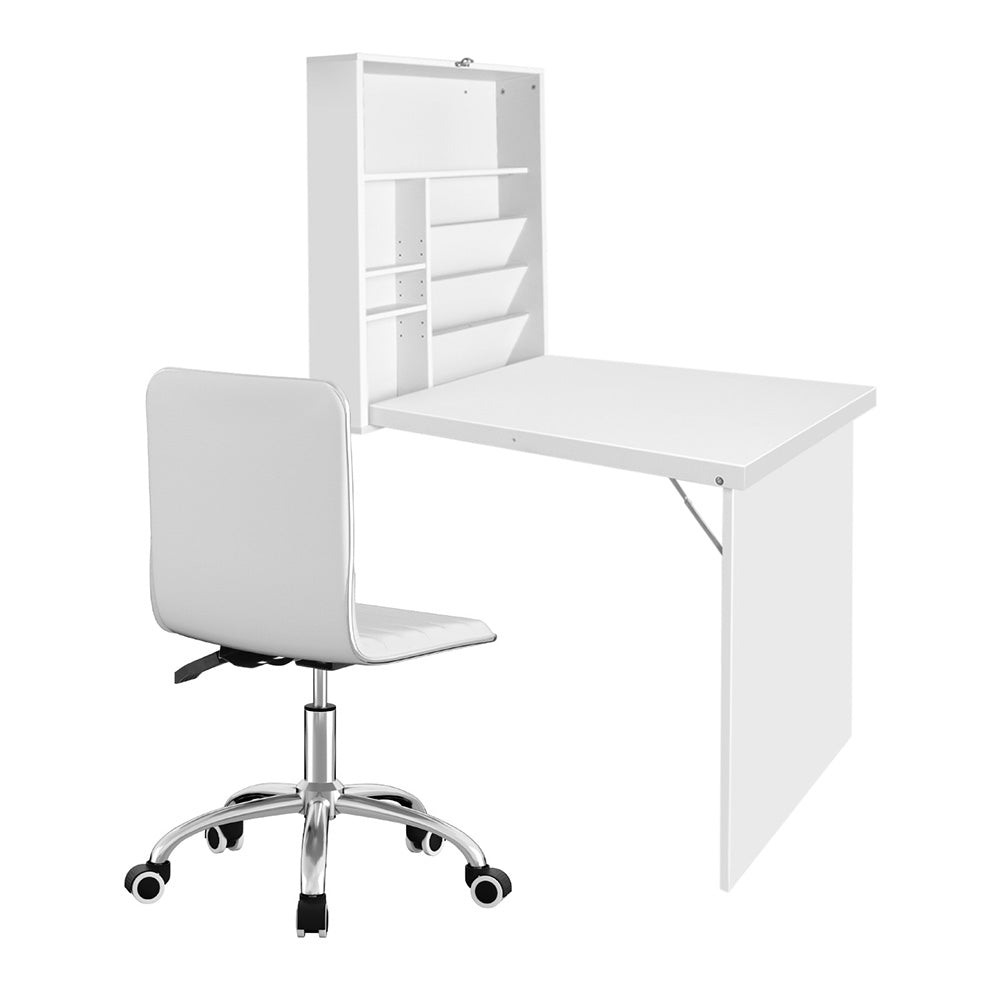 Artiss Computer Desk Office Chair Set PU Leather Wall Mount Foldable Table White DESK-WALL-REPL-WH