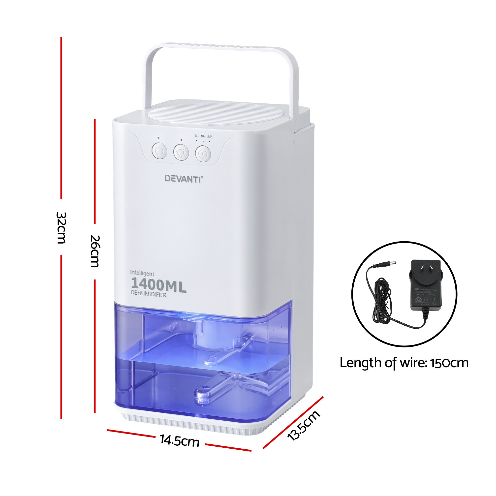 Devanti 1400ML Portable Dehumidifier Quiet Sleep Mode Timer Auto Off Bedroom White DH-1400A-WH