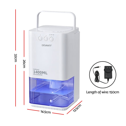Devanti 1400ML Portable Dehumidifier Quiet Sleep Mode Timer Auto Off Bedroom White DH-1400A-WH