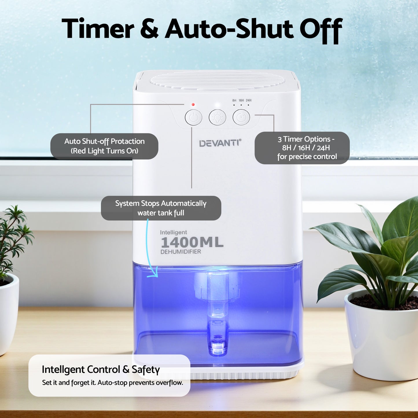 Devanti 1400ML Portable Dehumidifier Quiet Sleep Mode Timer Auto Off Bedroom White DH-1400A-WH