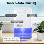 Devanti 1400ML Portable Dehumidifier Quiet Sleep Mode Timer Auto Off Bedroom White DH-1400A-WH