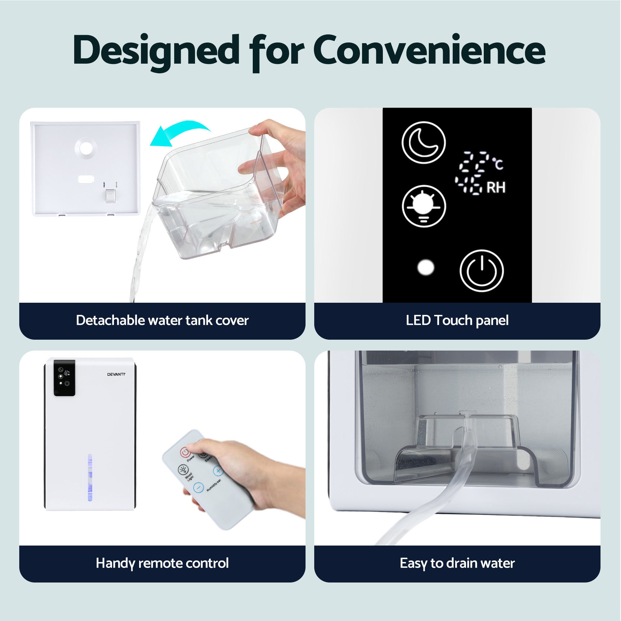 DEVANTI 2000ml Portable Dehumidifier Moisture Absorber Home Bedroom Quiet Remote DH-2800B-WH