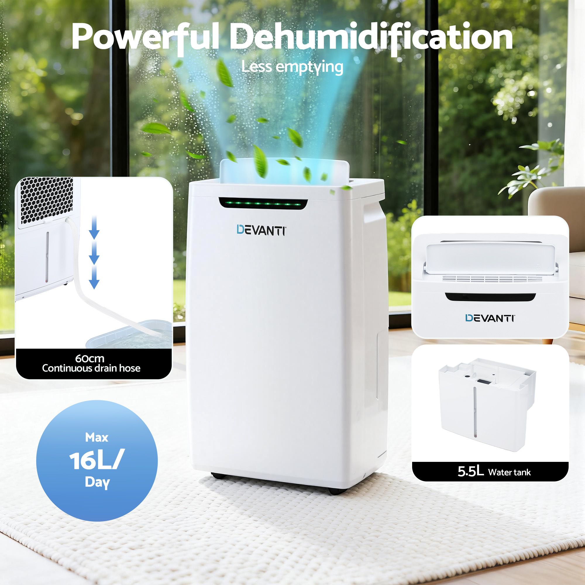 Devanti 16L Dehumidifier Portable Air Dryer Moisture Absorber 5.5L Water Tank Home DH-B-16L-WH