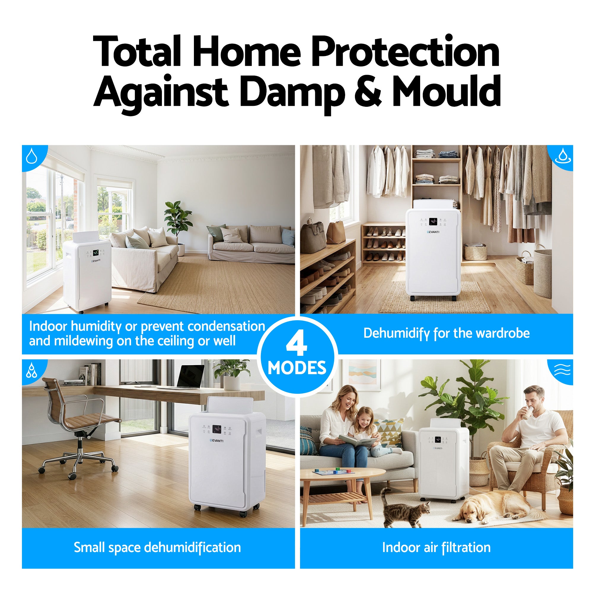 Devanti 50L/Day Dehumidifier Home Air Dryer Mould Moisture 8.5L Tank DH-B-50L-WH