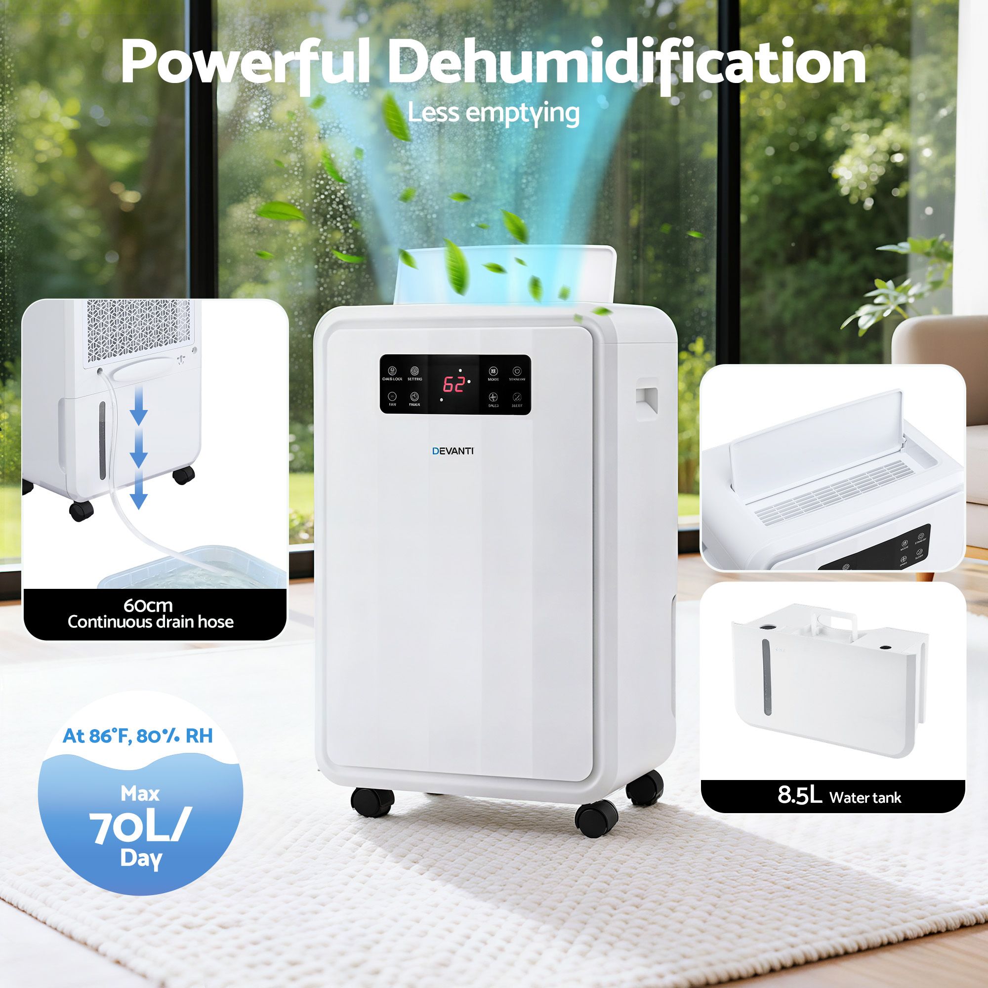 Devanti 70L Dehumidifier Commercial Moisture Absorber Air Dryer 8.5L Water Tank DH-B-70L-WH