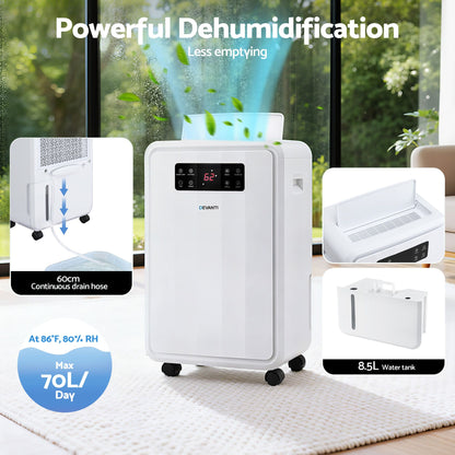 Devanti 70L Dehumidifier Commercial Moisture Absorber Air Dryer 8.5L Water Tank DH-B-70L-WH