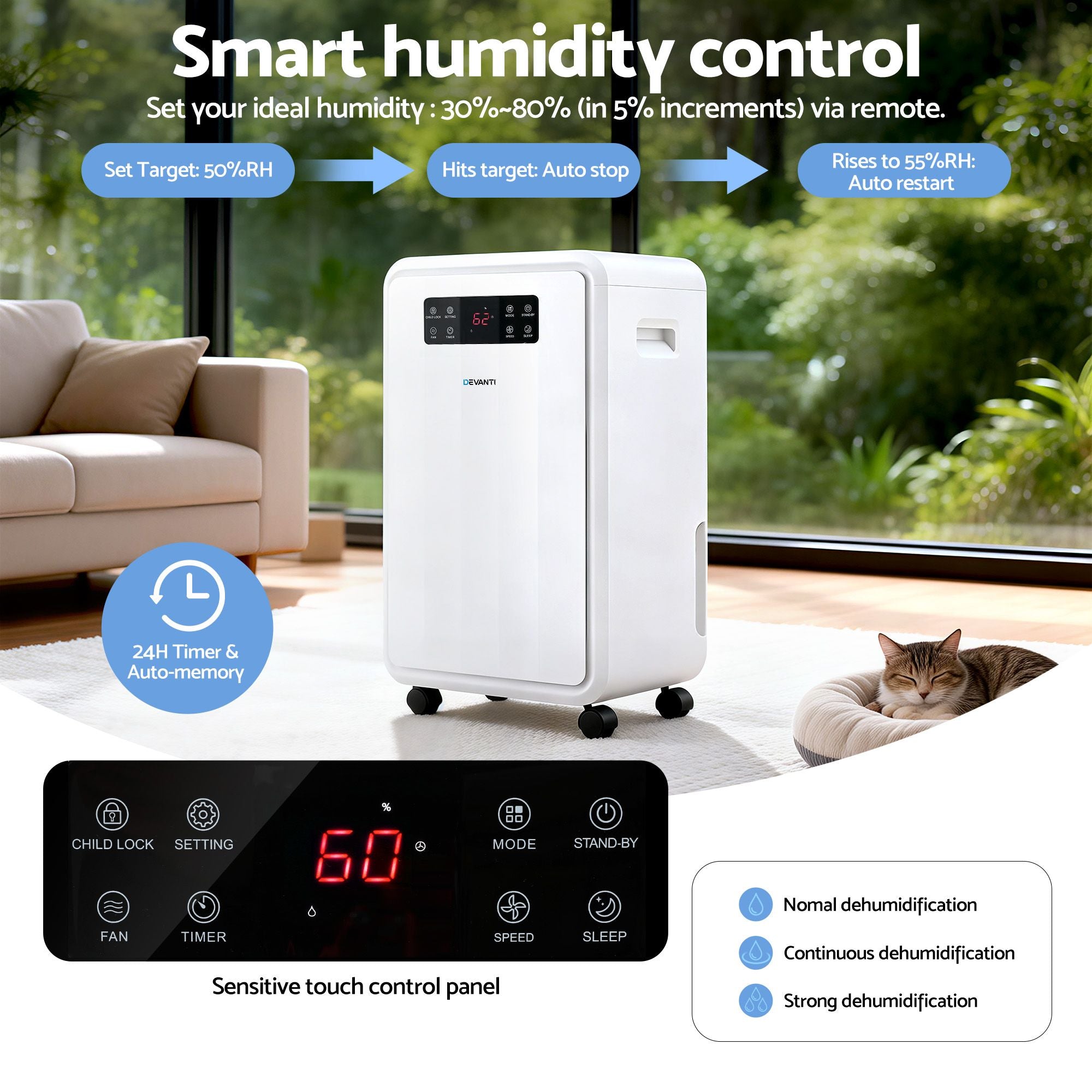 Devanti 70L Dehumidifier Commercial Moisture Absorber Air Dryer 8.5L Water Tank DH-B-70L-WH