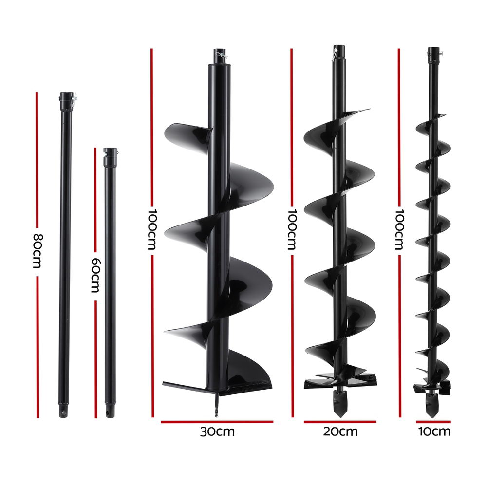 Giantz Post Hole Digger Auger Drill Bit Set 100mm 200mm 300mm Carbon Steel Black DI-AUG-BLD-N-KIT