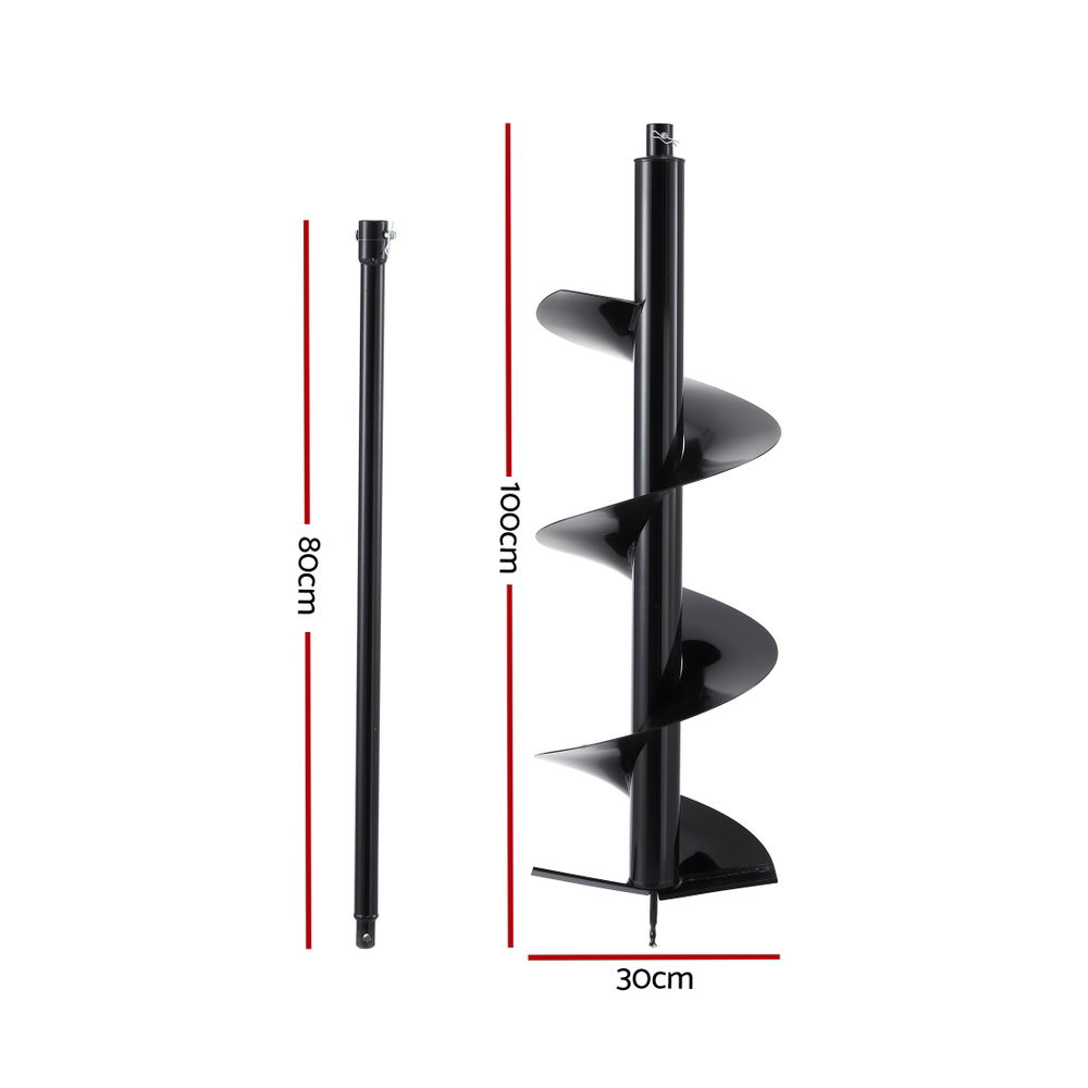 Giantz Post Hole Digger Auger Drill Bit 300mm with 80cm Extension Shaft Black DI-AUG300-N-1M-BLD