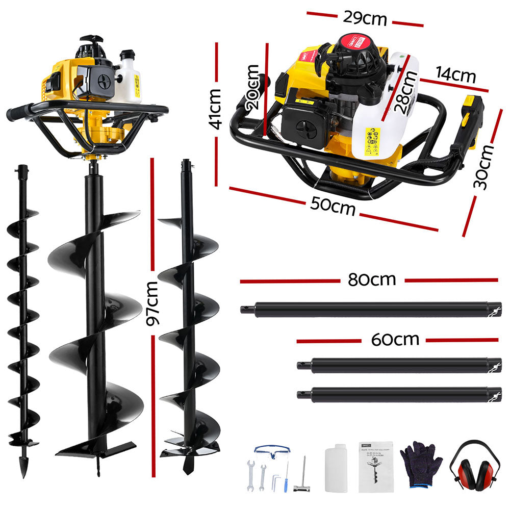 Giantz Post Hole Digger Petrol Motor Drill Extension Auger Bits Kits DI-EE-N-YE-KIT