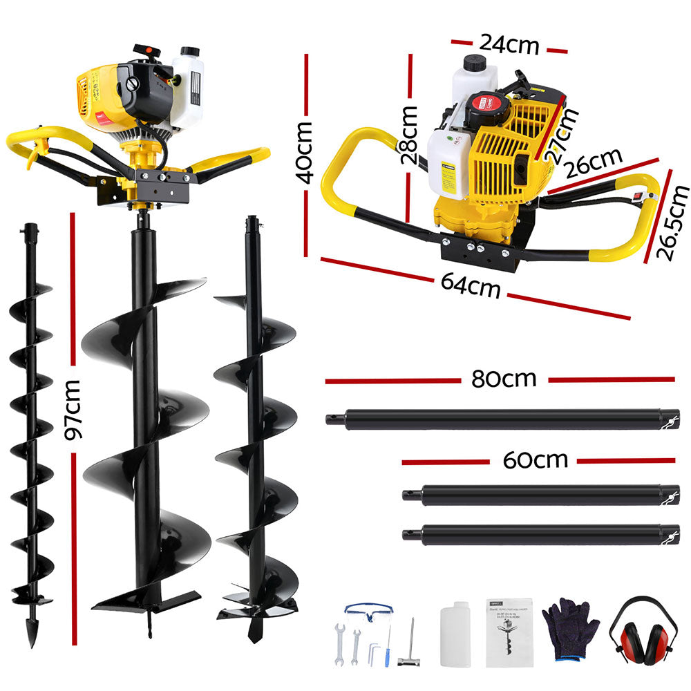 Giantz 74CC Post Hole Digger Petrol Motor Drill Extension Auger Bits Kits DI-SF-N-YE-KIT