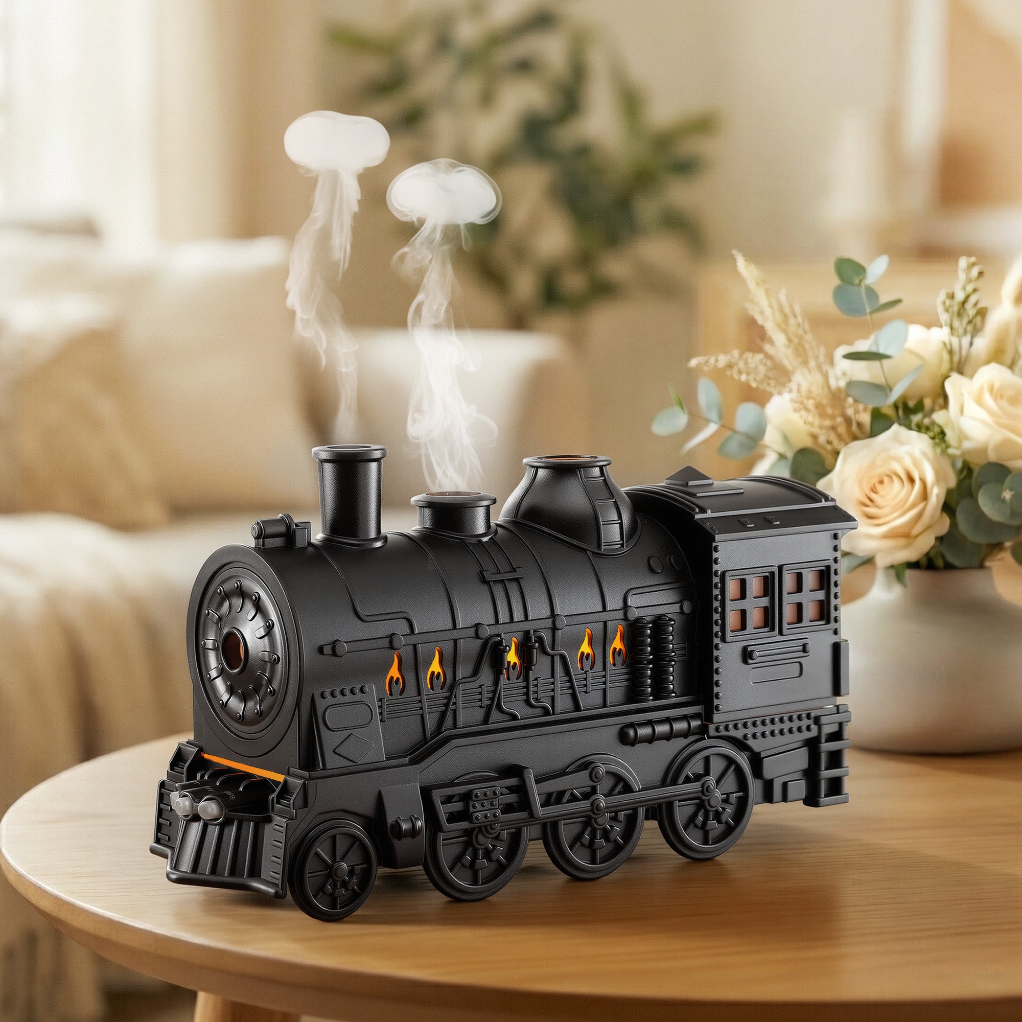 Devanti Train Aroma Diffuser Essential Oil Humidifier 300ml Smoke Ring LED Timer DIFF-TRAIN-BK