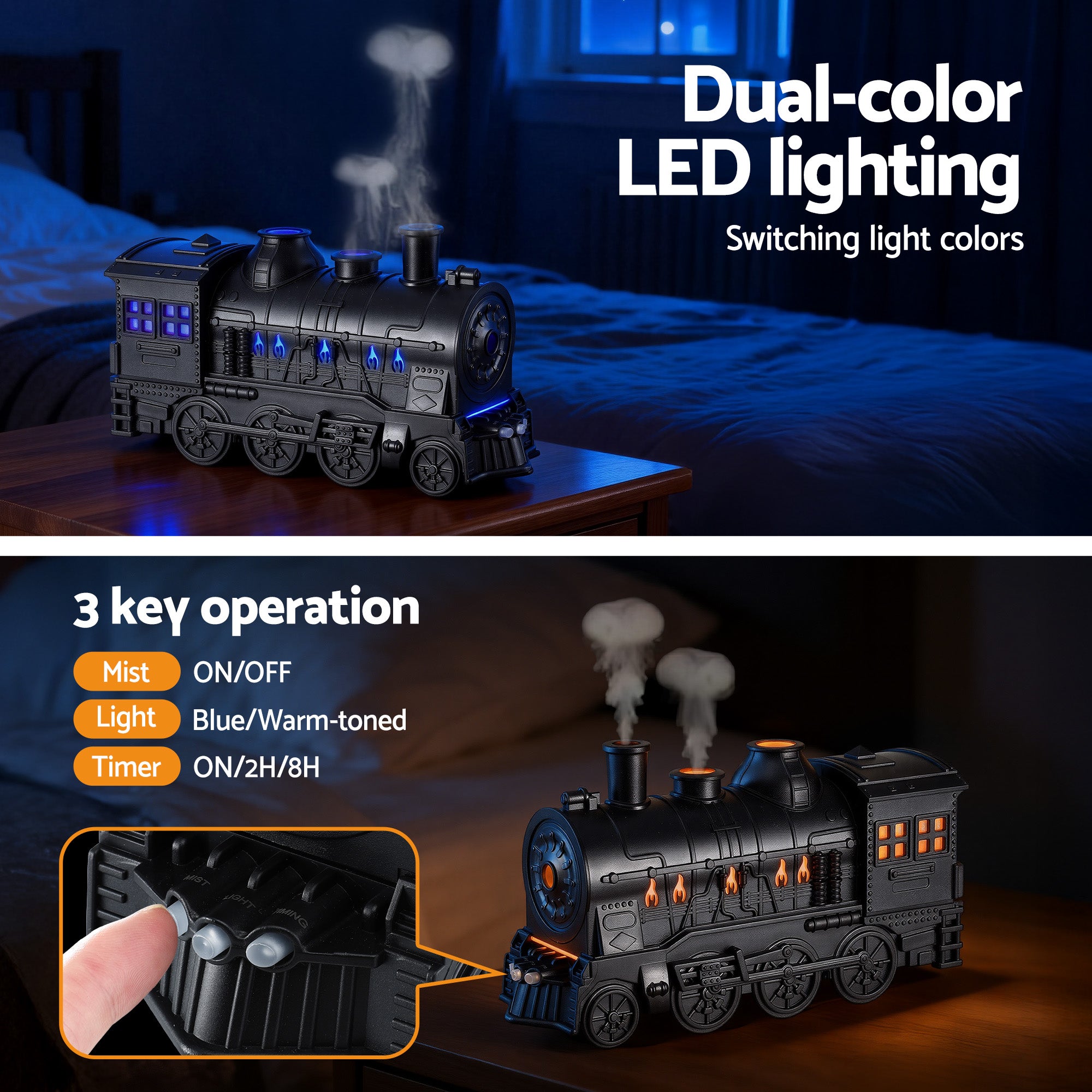 Devanti Train Aroma Diffuser Essential Oil Humidifier 300ml Smoke Ring LED Timer DIFF-TRAIN-BK