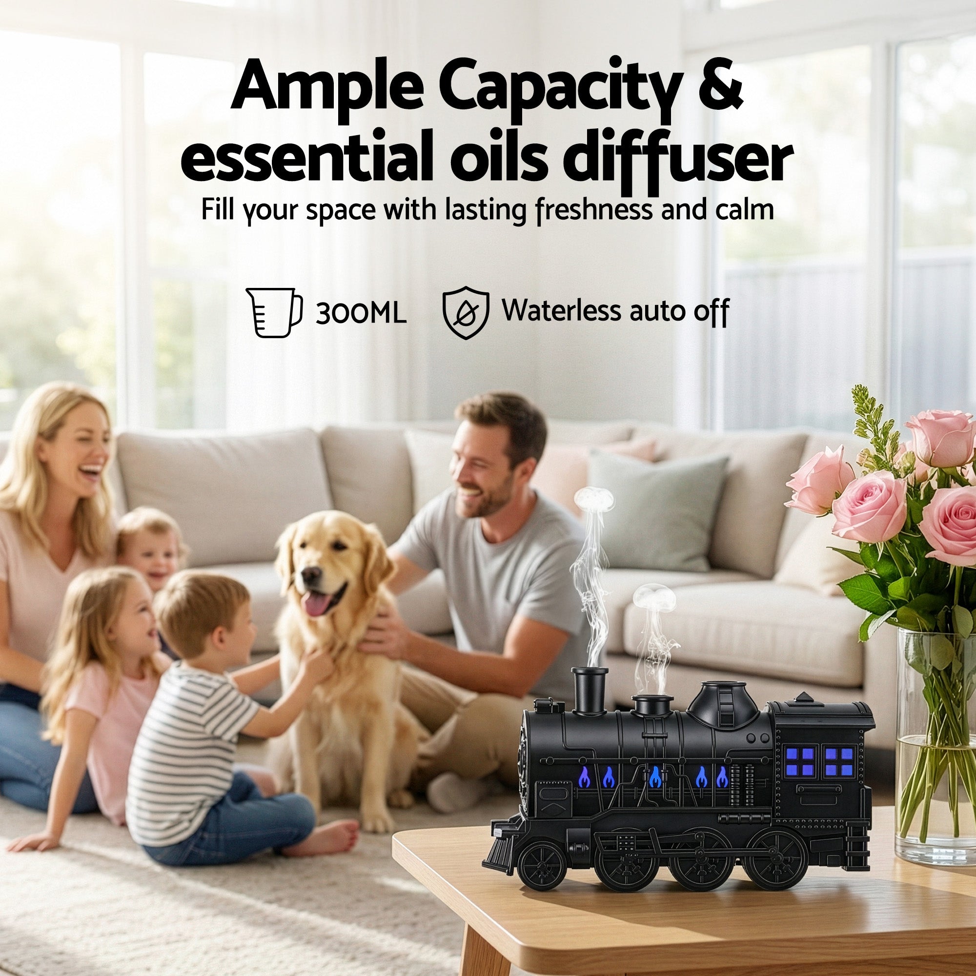 Devanti Train Aroma Diffuser Essential Oil Humidifier 300ml Smoke Ring LED Timer DIFF-TRAIN-BK