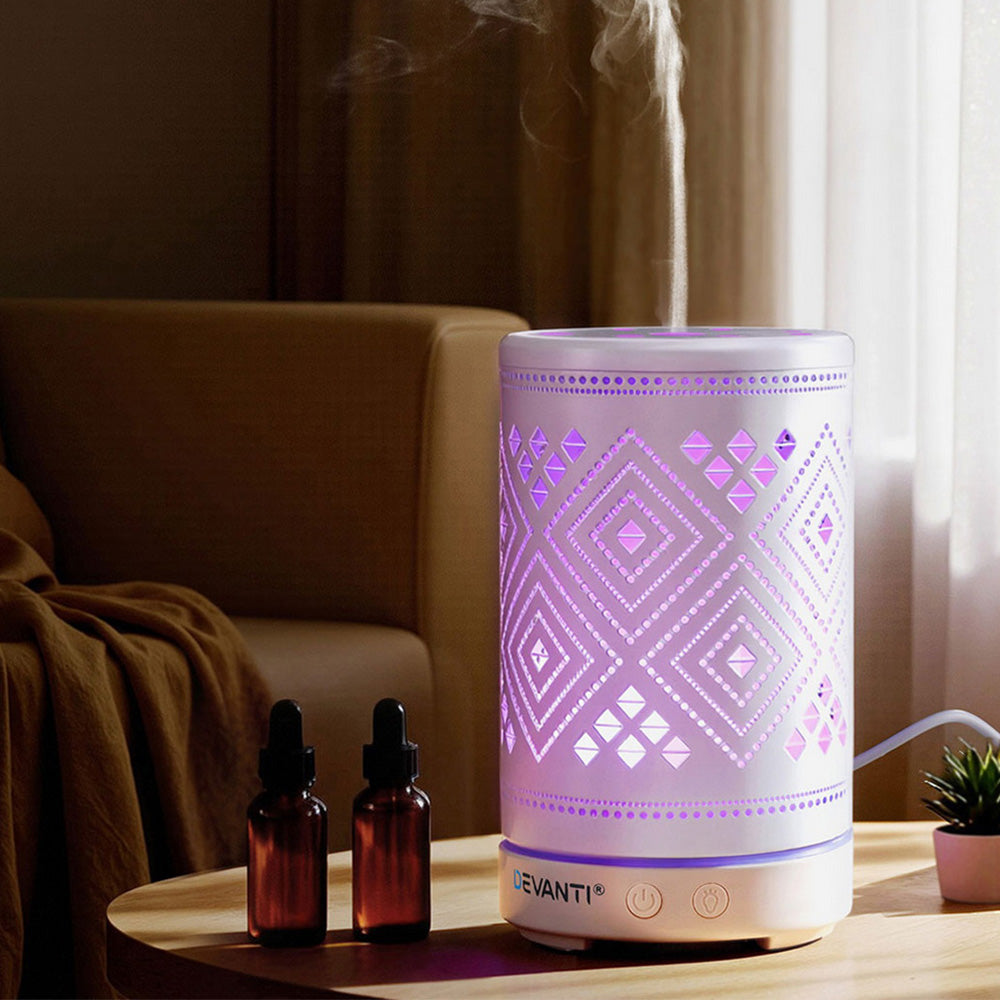 Devanti Ultrasonic Aroma Diffuser Aromatherapy 100ml LED Lights Iron Humidifier Forest DIFF-TY162-WH
