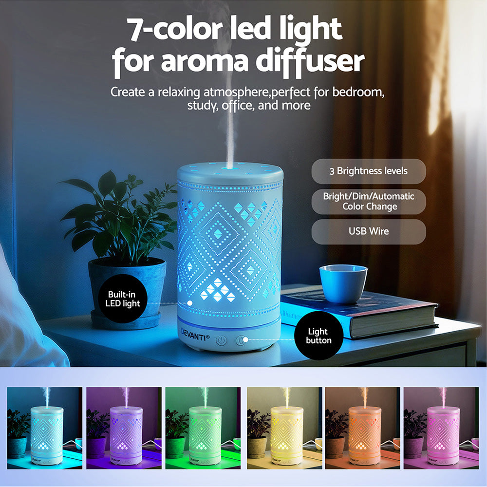 Devanti Ultrasonic Aroma Diffuser Aromatherapy 100ml LED Lights Iron Humidifier Forest DIFF-TY162-WH