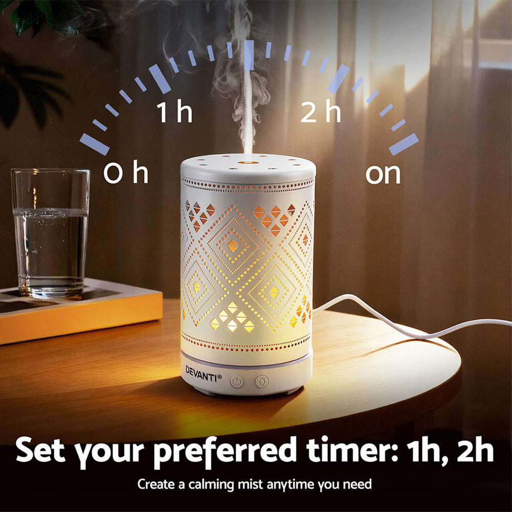 Devanti Ultrasonic Aroma Diffuser Aromatherapy 100ml LED Lights Iron Humidifier Forest DIFF-TY162-WH