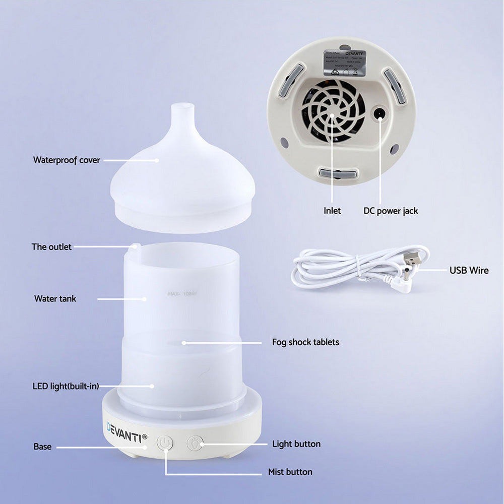 Devanti Ultrasonic Aroma Diffuser Aromatherapy 100ml LED Lights Iron Humidifier Forest DIFF-TY162-WH