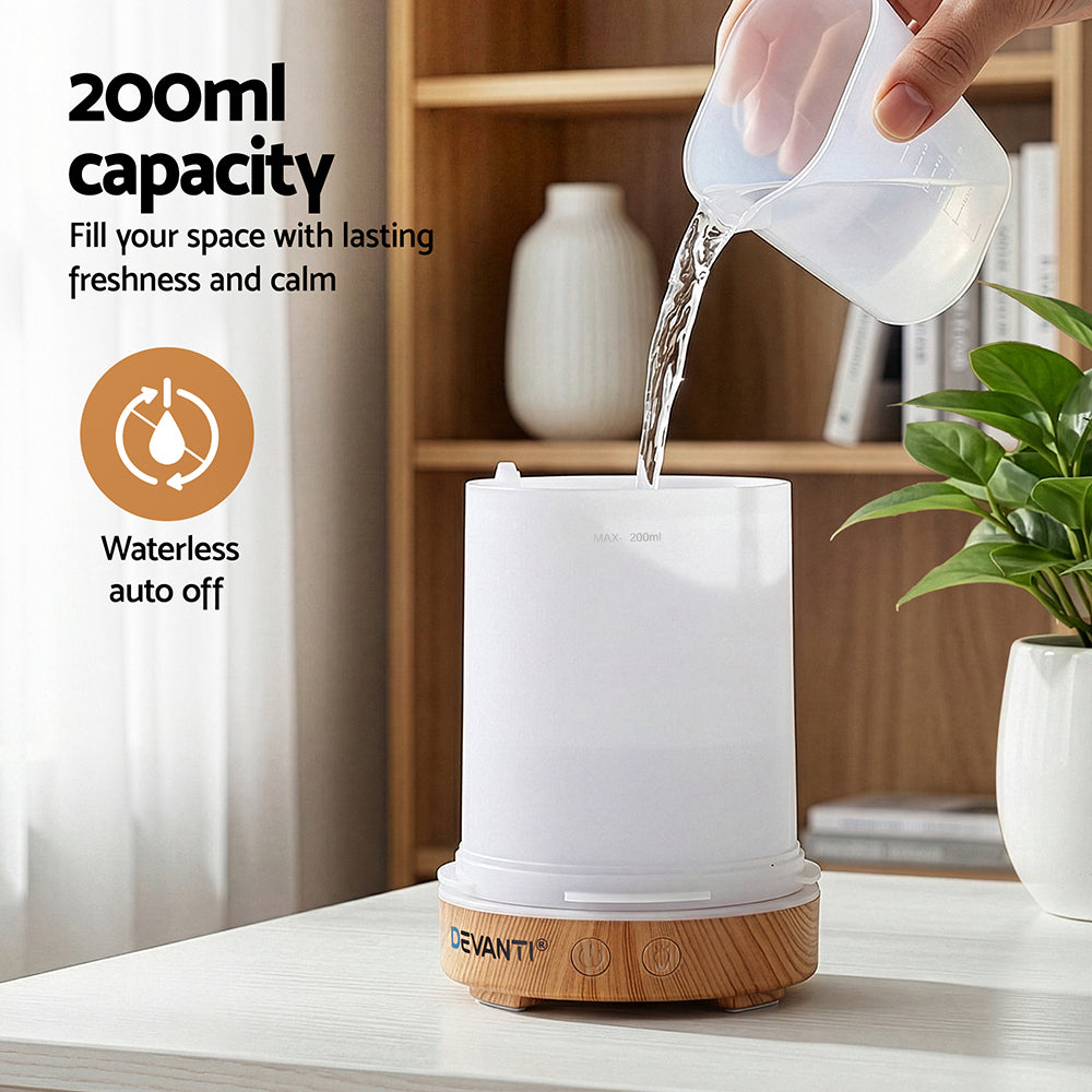 Devanti Ultrasonic Aroma Diffuser Aromatherapy 200ml LED Lights Iron Humidifier Forest Light wood grain DIFF-YX206-LW