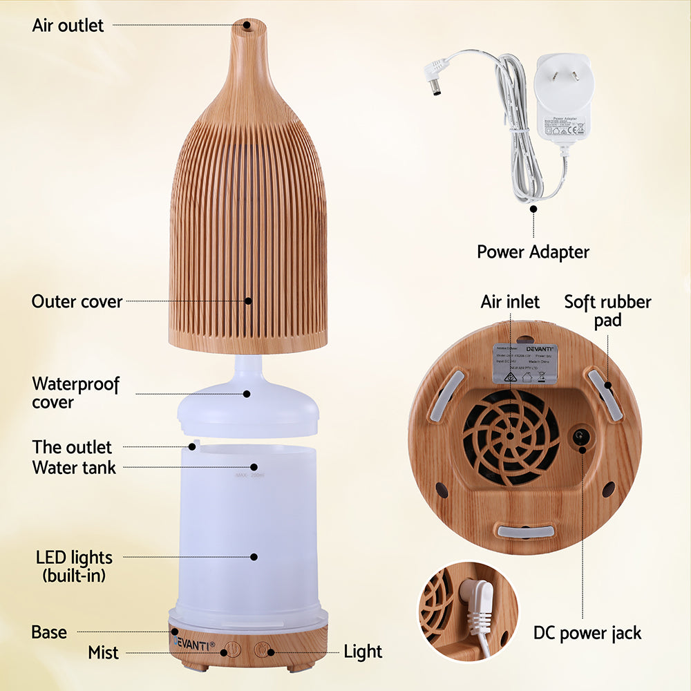 Devanti Ultrasonic Aroma Diffuser Aromatherapy 200ml LED Lights Iron Humidifier Forest Light wood grain DIFF-YX206-LW