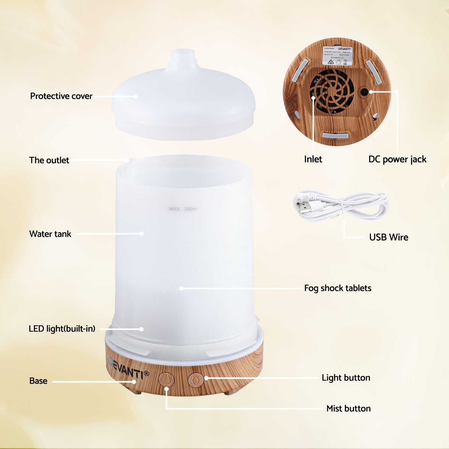 Devanti Ultrasonic Aroma Diffuser Aromatherapy 200ml LED Lights Iron Humidifier Forest DIFF-YX211-LW