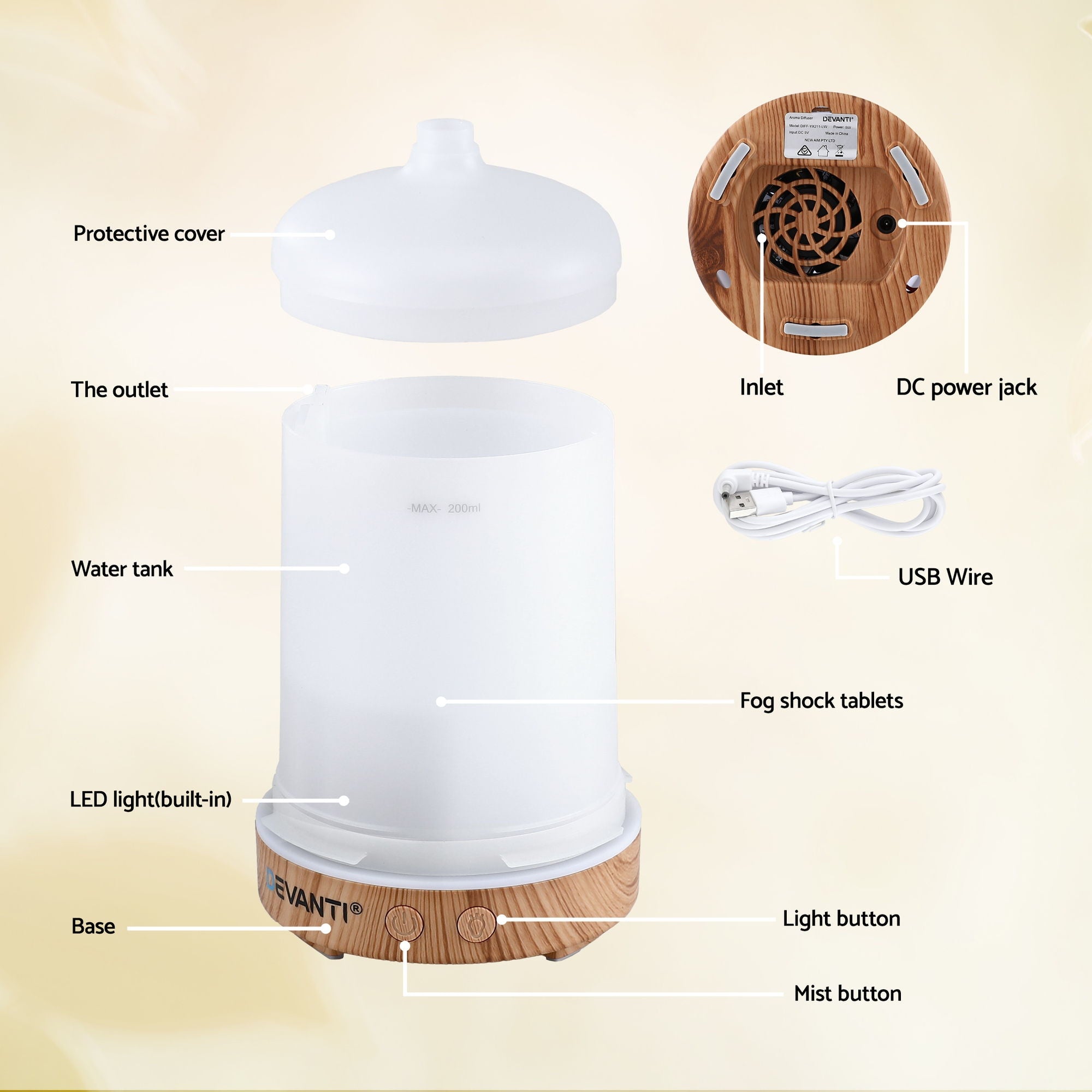 Devanti Ultrasonic Aroma Diffuser Aromatherapy 200ml LED Lights Iron Humidifier Forest DIFF-YX211-LW