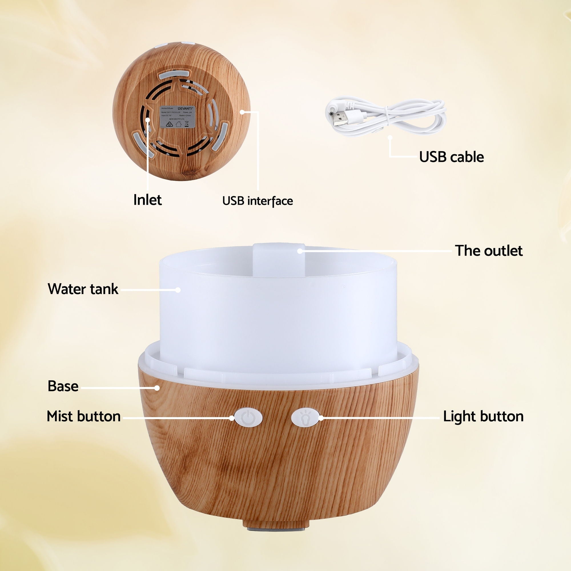Devanti Ultrasonic Aroma Diffuser Aromatherapy 130ml LED Lights Iron Humidifier Forest DIFF-YX333-LW