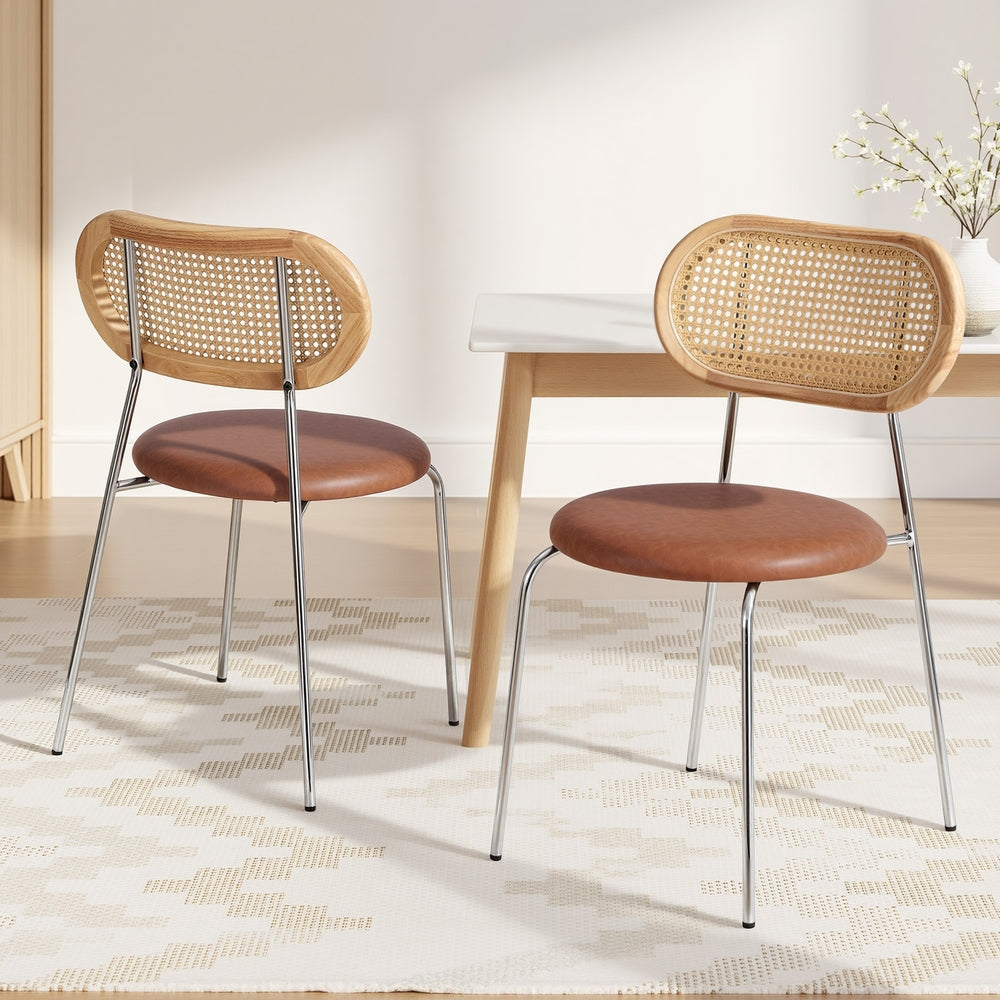 Artiss 2x Dining Chairs PU Leather Rattan Kitchen Lounge Cafe Accent Chair Brown DINC-B-S06-BRX2
