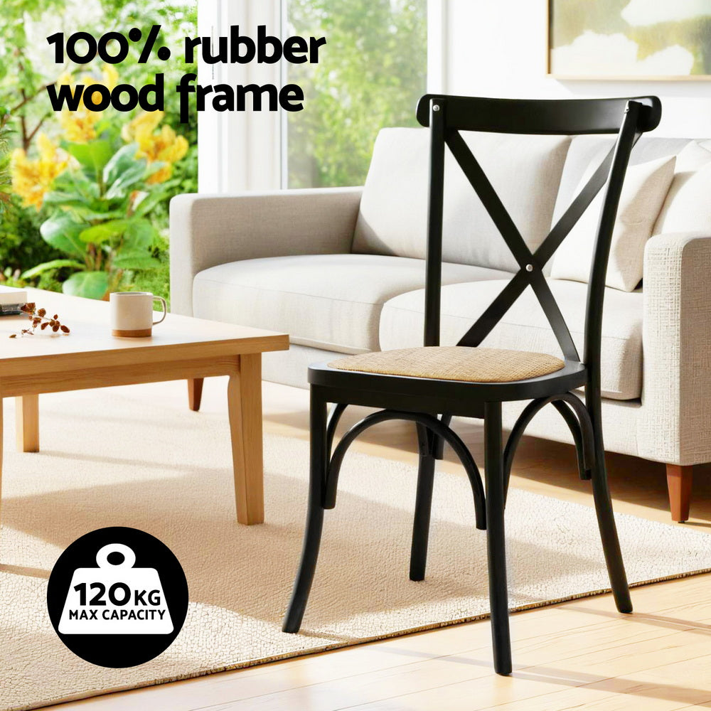 Artiss 2x Dining Chairs Rattan Wooden Kitchen Accent Chair Cafe Lounge Rubber Wood DINC-G-RA-BKX2
