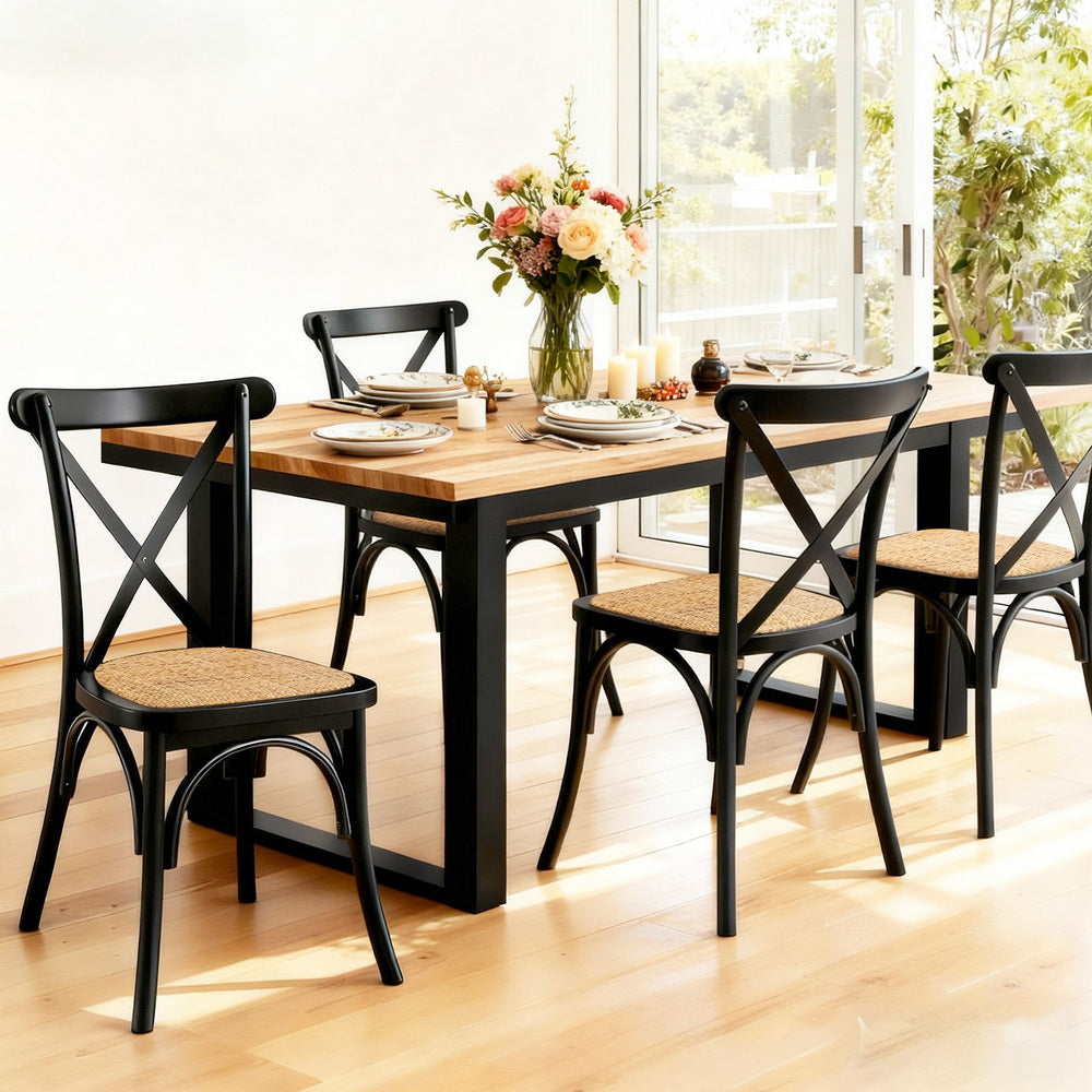 Artiss 4x Dining Chairs Rattan Wooden Kitchen Accent Chair Cafe Lounge Rubber Wood DINC-G-RA-BKX4
