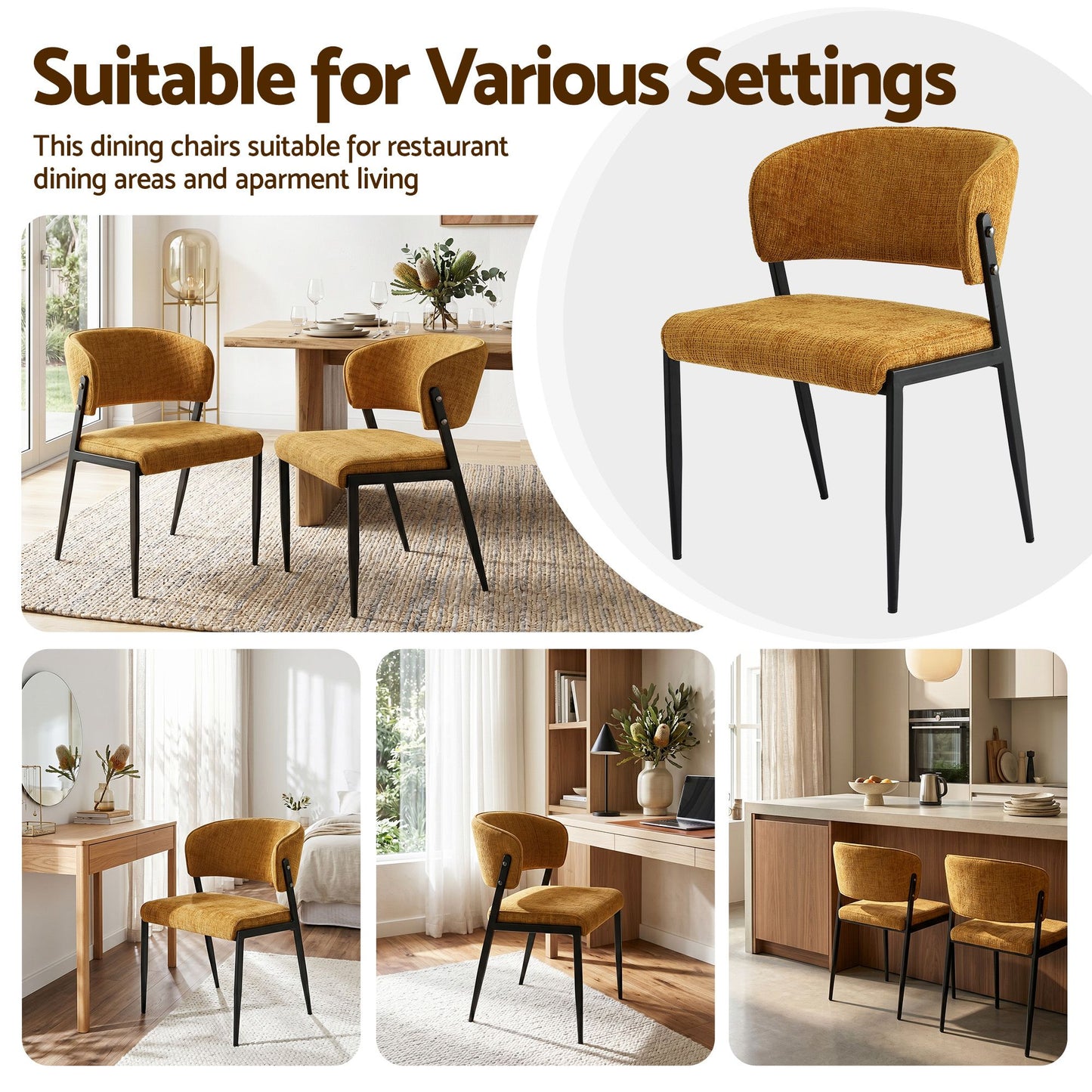 Artiss Dining Chairs Set of 2 Linen Fabric Soft Upholstered Chairs Mustard DINC-KJ-7016-MSX2