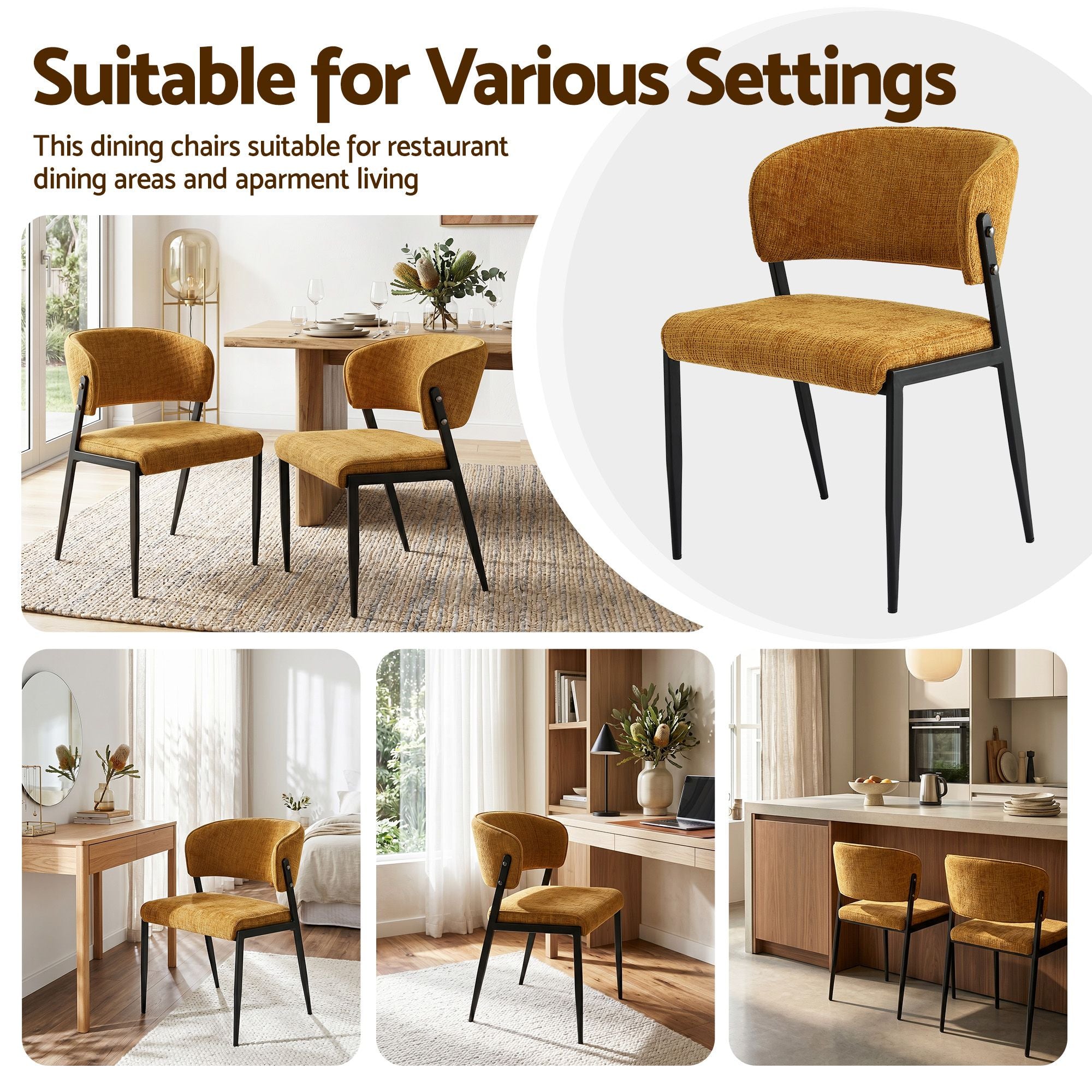Artiss Dining Chairs Set of 2 Linen Fabric Soft Upholstered Chairs Mustard DINC-KJ-7016-MSX2