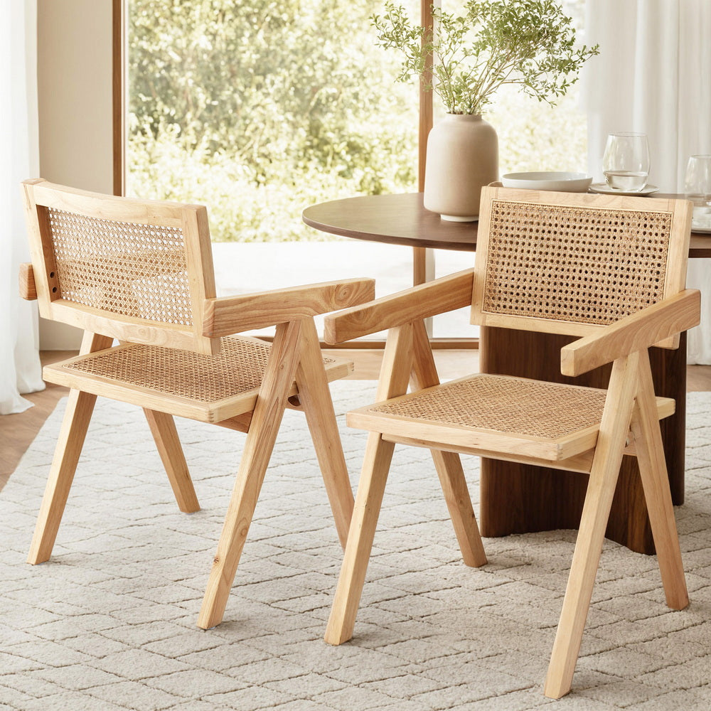 Artiss 2x Dining Chairs Wooden Rattan Seat Rubber Wood Frame DINC-L-RAT-WDX2