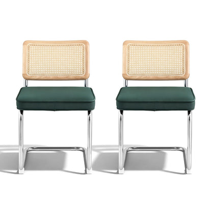 Artiss Dining Chairs Set of 2 Velvet Rattan Cantilever Green DINING-B-C01-VEL-GNX2