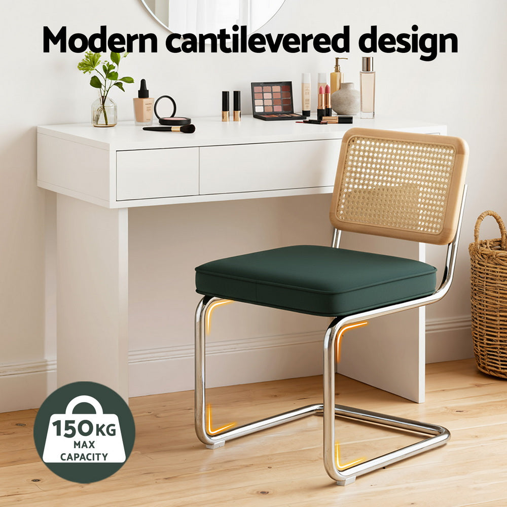 Artiss Dining Chairs Set of 2 Velvet Rattan Cantilever Green DINING-B-C01-VEL-GNX2