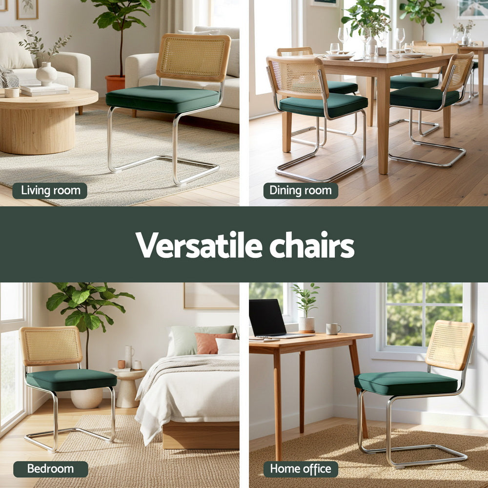 Artiss Dining Chairs Set of 2 Velvet Rattan Cantilever Green DINING-B-C01-VEL-GNX2