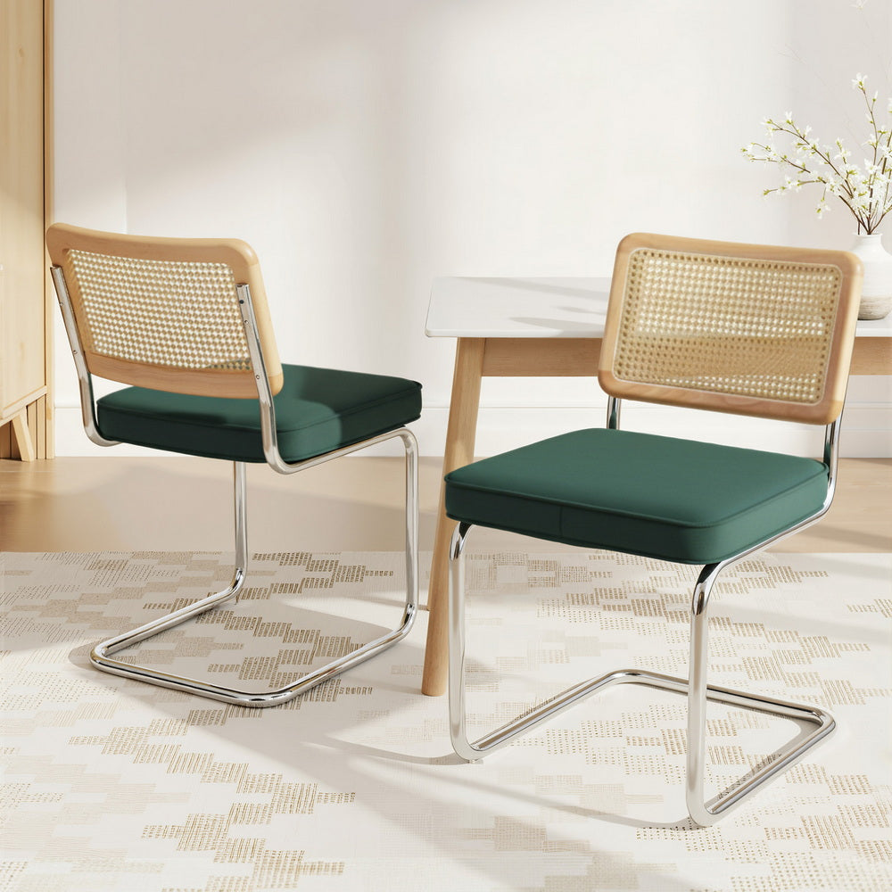 Artiss Dining Chairs Set of 2 Velvet Rattan Cantilever Green DINING-B-C01-VEL-GNX2