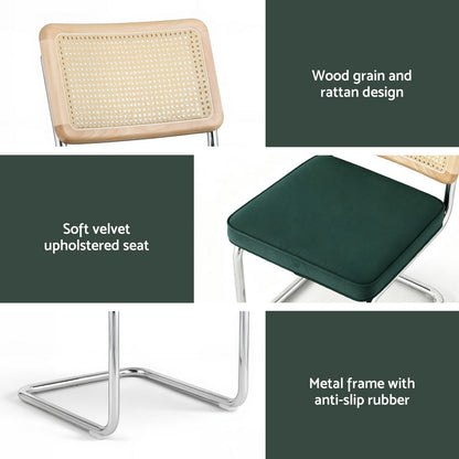 Artiss Dining Chairs Set of 4 Velvet Rattan Cantilever Green DINING-B-C01-VEL-GNX4