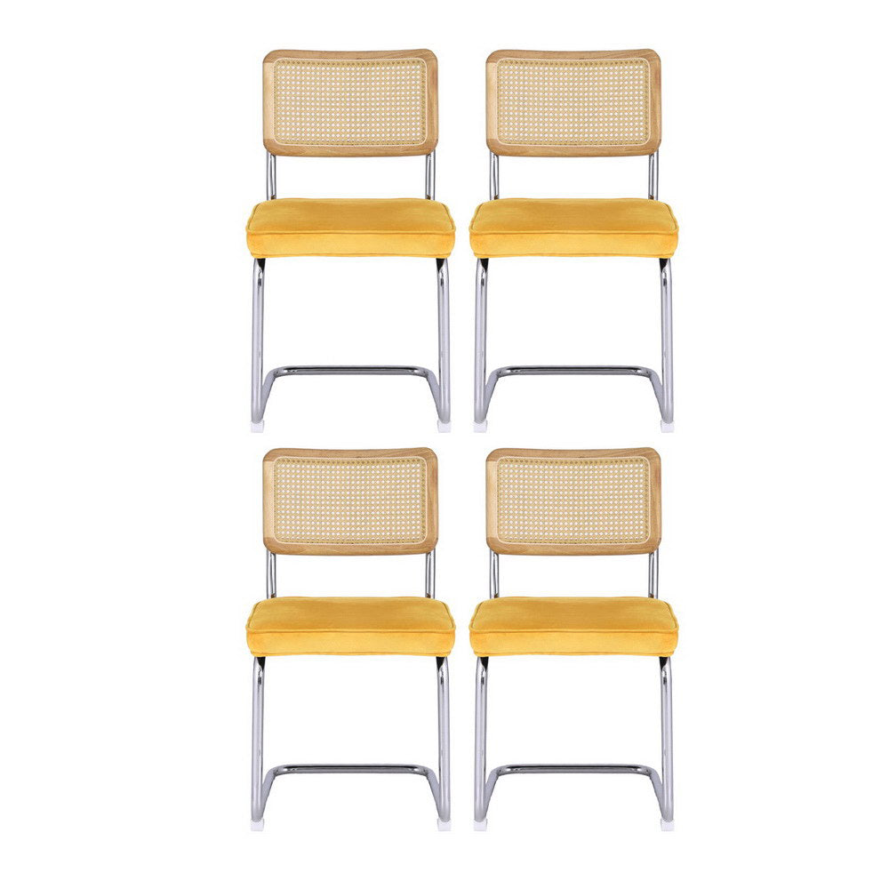 Artiss Dining Chairs Set of 4 Velvet Rattan Cantilever Yellow DINING-B-C01-VEL-YEX4