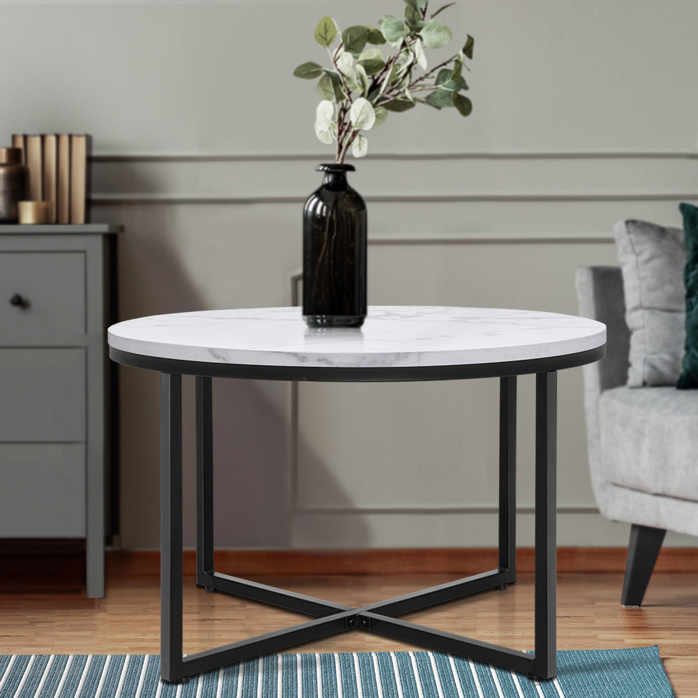 Artiss Coffee Table Round 70CM Marbel Effect DINING-B-MAR7045-WH