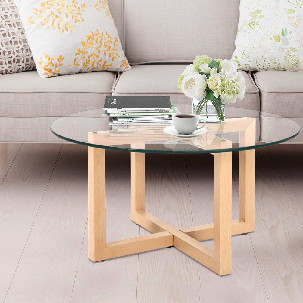 Artiss Coffee Table Round 80CM Tempered Glass DINING-B-T16-TP