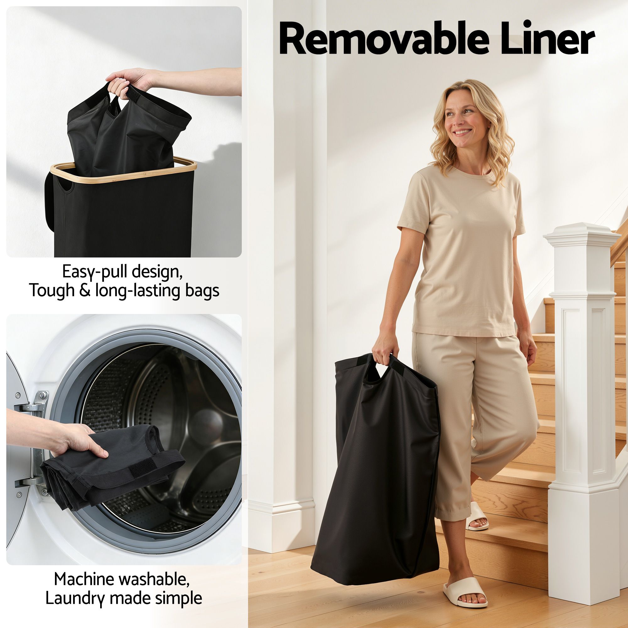 Artiss Laundry Basket with Removable Bag Foldable Black DIY-BATH-BK