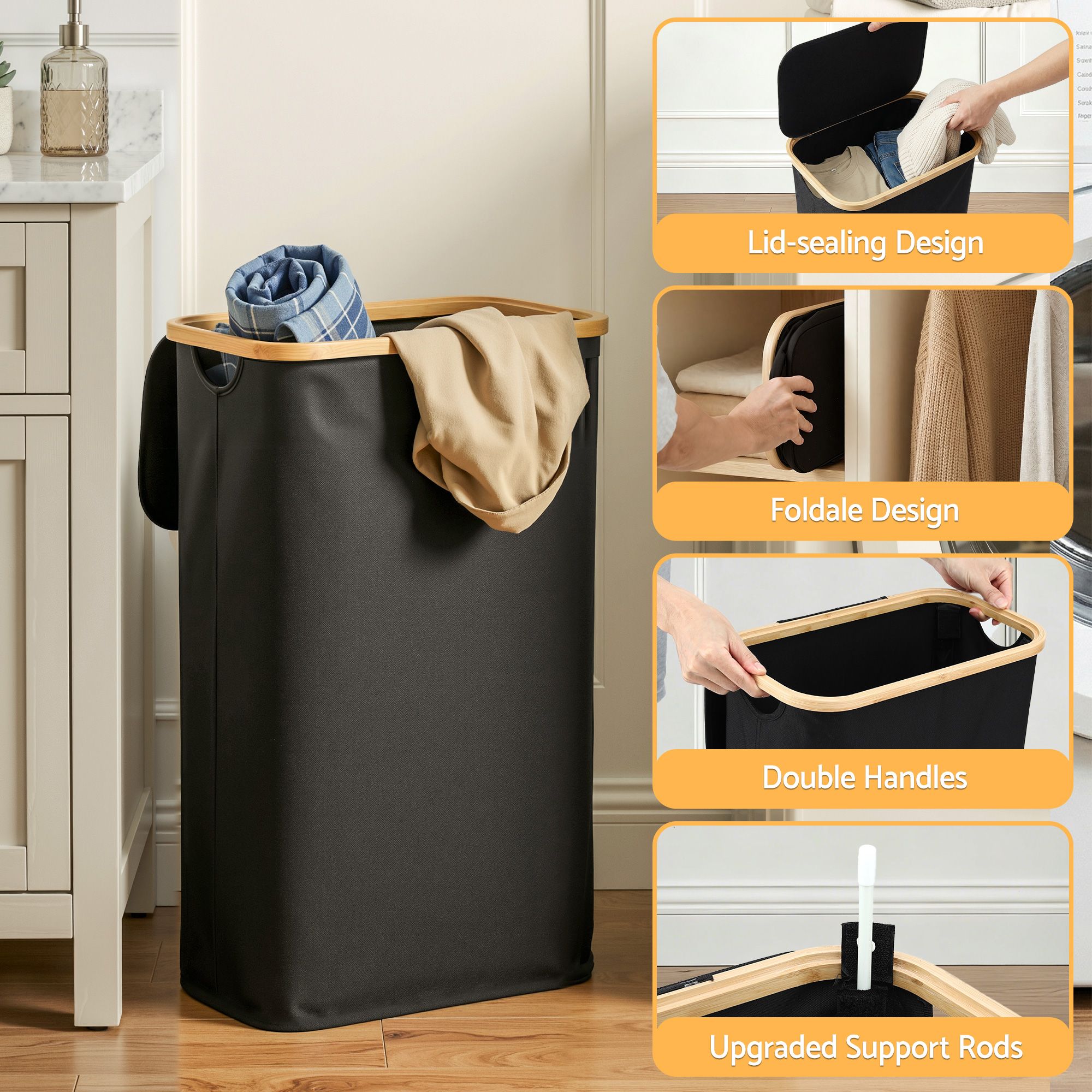 Artiss Laundry Basket with Removable Bag Foldable Black DIY-BATH-BK