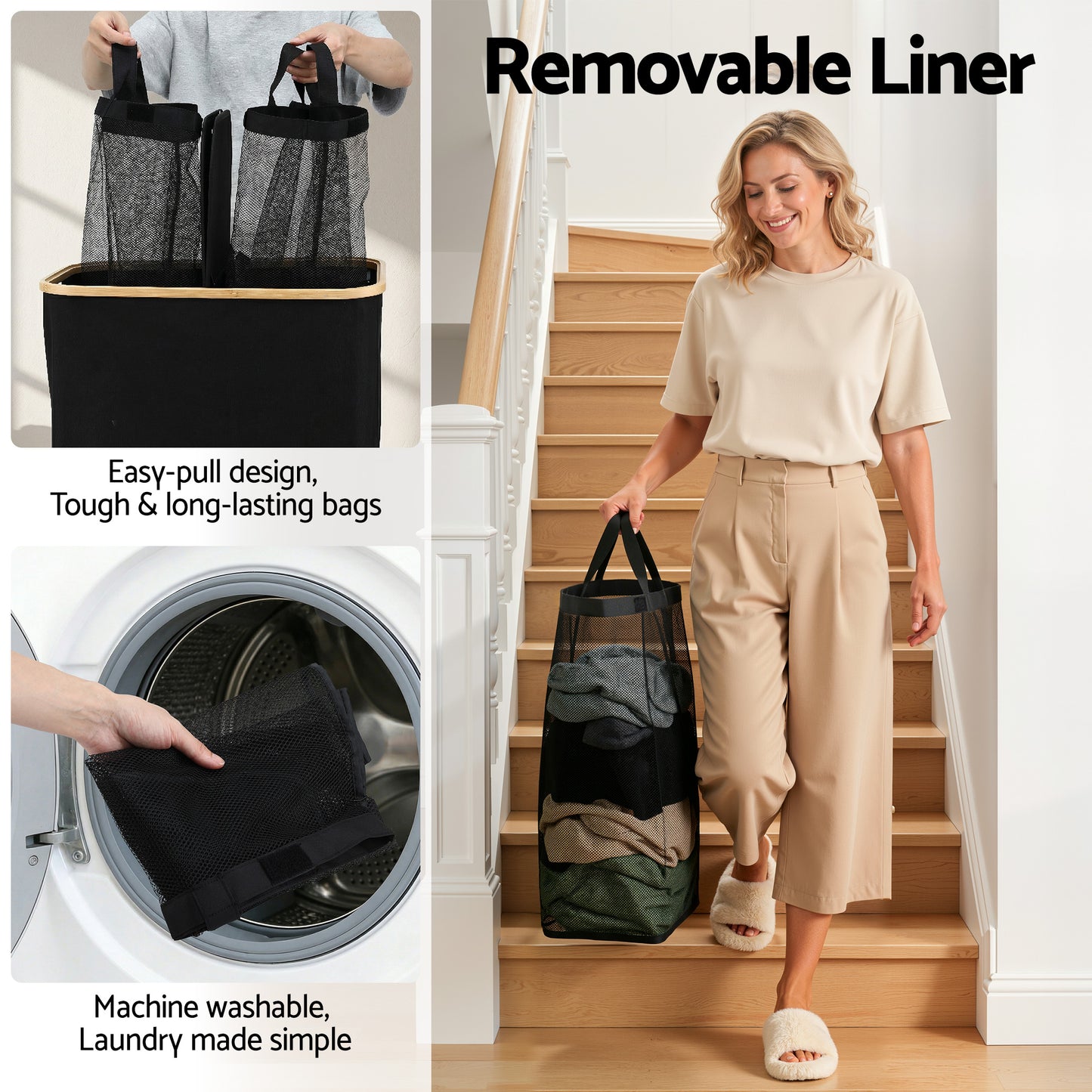 Artiss 2 Sections Laundry Basket with Removable Bags Foldable Black DIY-BATH-BK-2