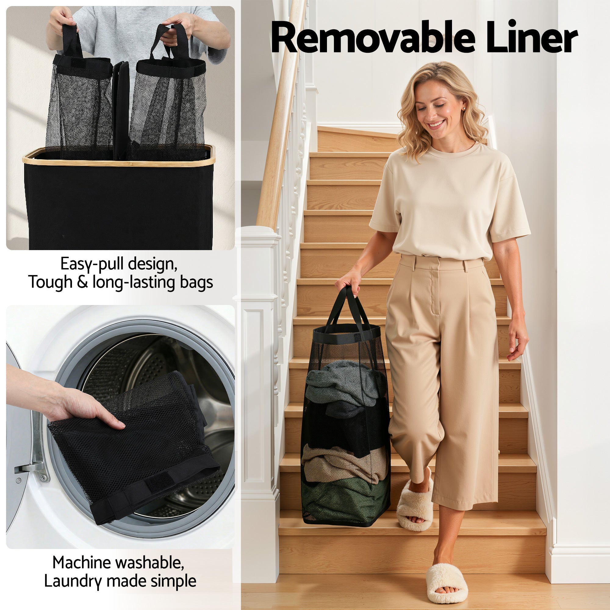 Artiss 2 Sections Laundry Basket with Removable Bags Foldable Black DIY-BATH-BK-2
