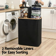 Artiss 2 Sections Laundry Basket with Removable Bags Foldable Black DIY-BATH-BK-2