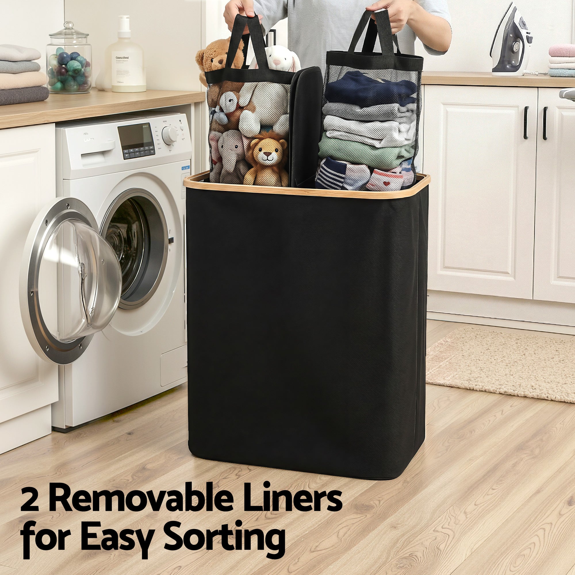 Artiss 2 Sections Laundry Basket with Removable Bags Foldable Black DIY-BATH-BK-2