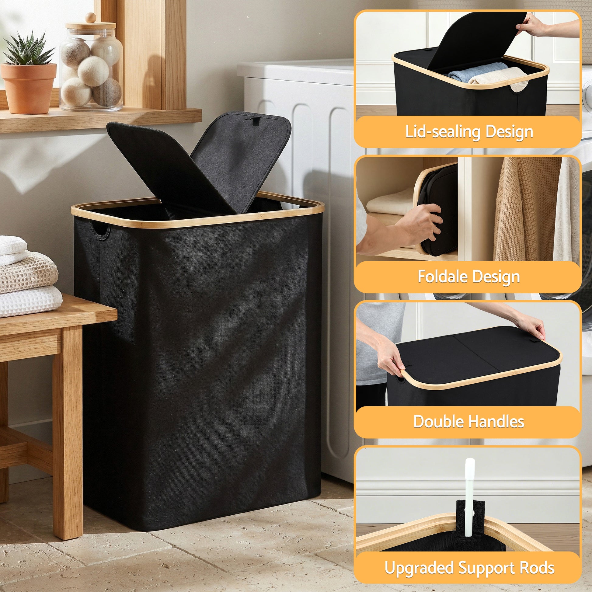 Artiss 2 Sections Laundry Basket with Removable Bags Foldable Black DIY-BATH-BK-2
