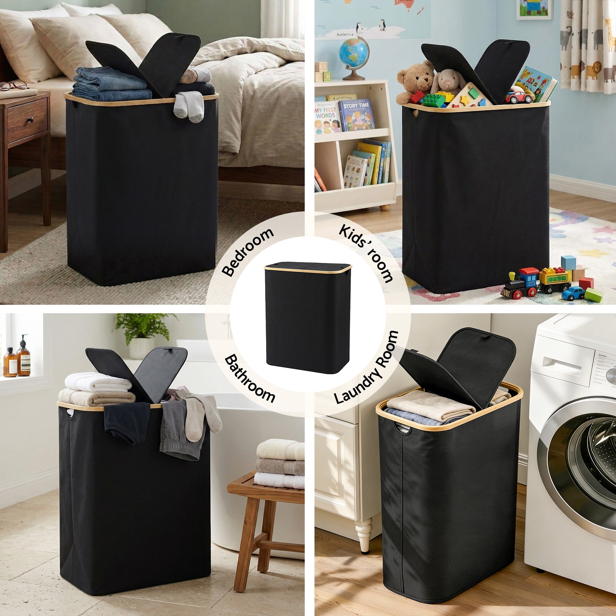 Artiss 2 Sections Laundry Basket with Removable Bags Foldable Black DIY-BATH-BK-2